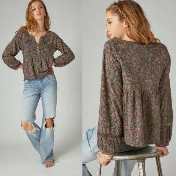 LUCKY BRAND Babydoll Top Sz L Black Pink Floral Textured Smock VNeck 100% Cotton - Picture 5 of 14